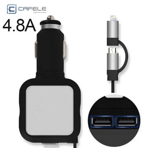מטען לרכב USBx2 וכבל Micro USB/Lightning נגלל Cafele